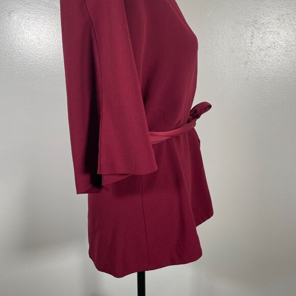 Trina Turk Wrap Top Womens Size 4 Maroon Tie Waist Long Sleeve V Neck Back Zip - Picture 14 of 15
